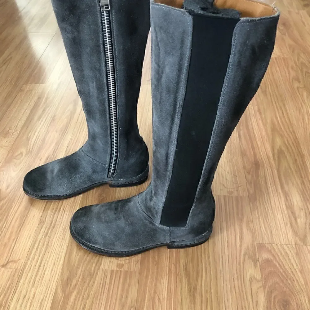 Bed Stu Tall Gray Suede Leather Boots Side Zip